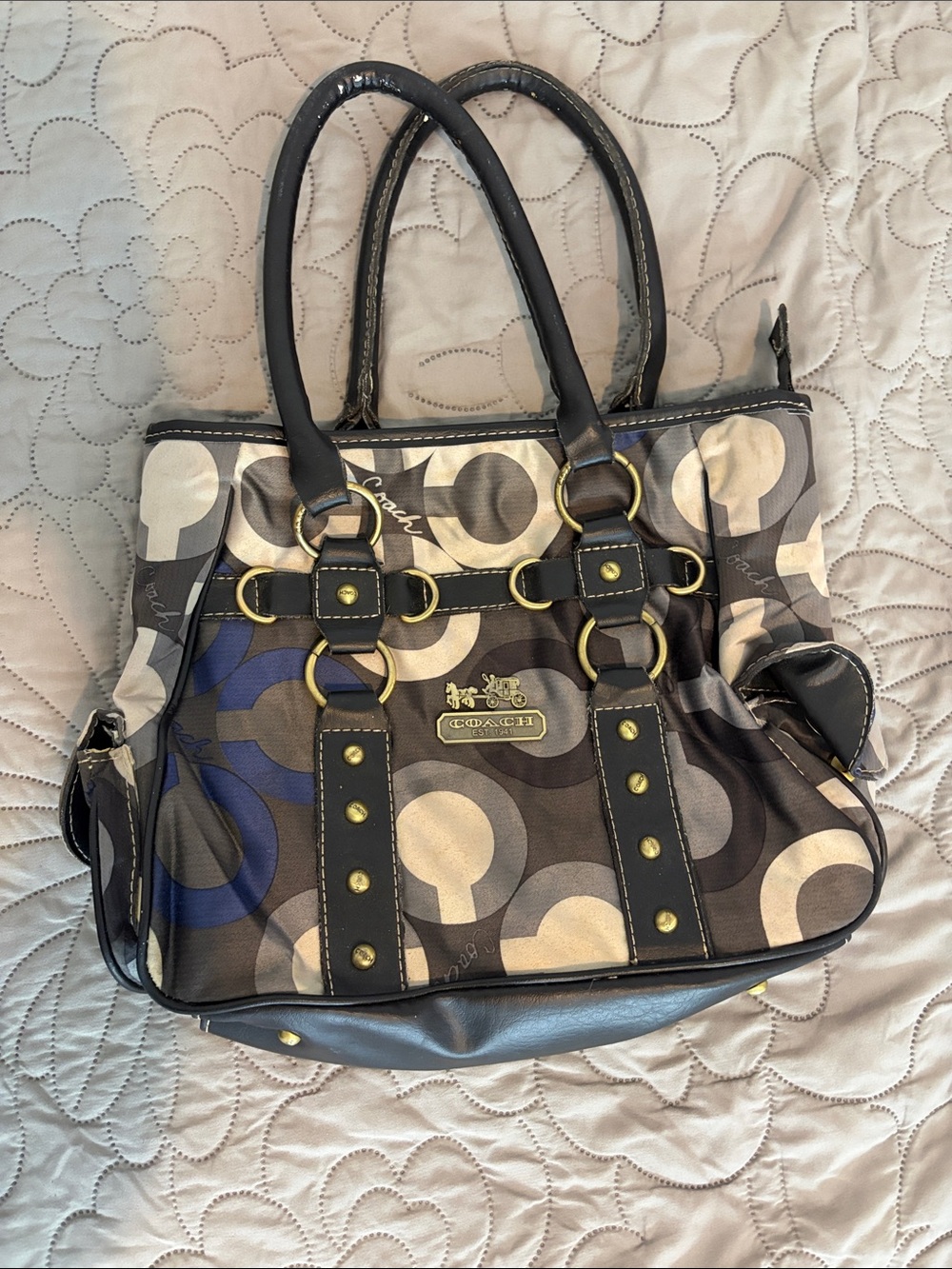 Coach Multicolor Circle Print Tote in Brown, Cream & Blue